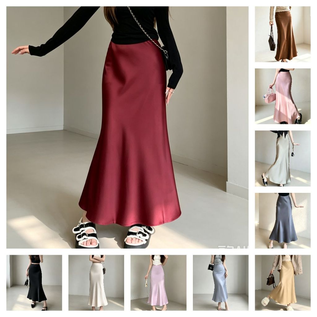 Aurae 10สี S‑6XL กระโปรงเอวสูง กระโปรงยาว ผ้าซาติน ทรงหางปลา แฟชั่นสำหรับผู้หญิง