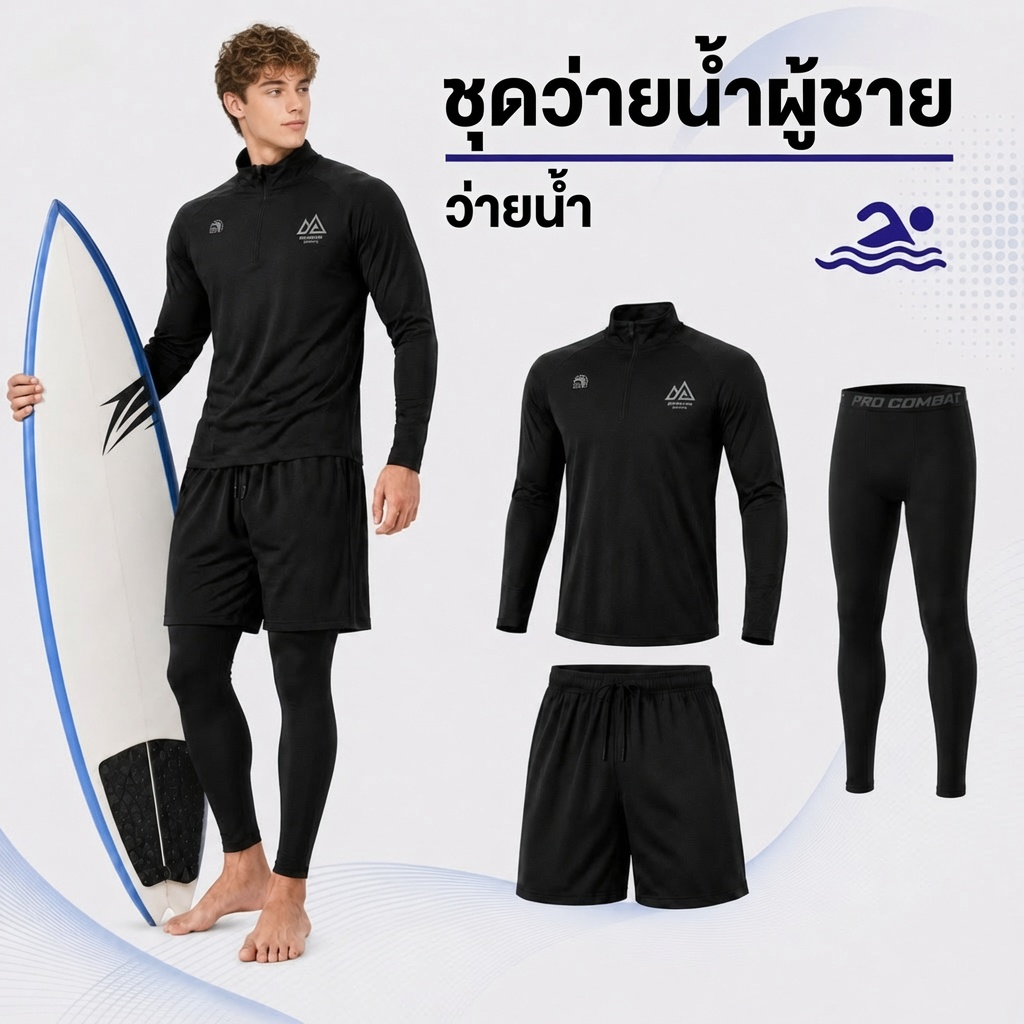 ชุดว่ายน้ำผู้ชาย ชุดเล่นเซิร์ฟ ชุดว่ายน้ำแขนยาวป้องกันแดด เสื้อ กางเกงรัดรูป กางเกงขาสั้น แห้งเร็ว เหมาะสำหรับการออกกำลั