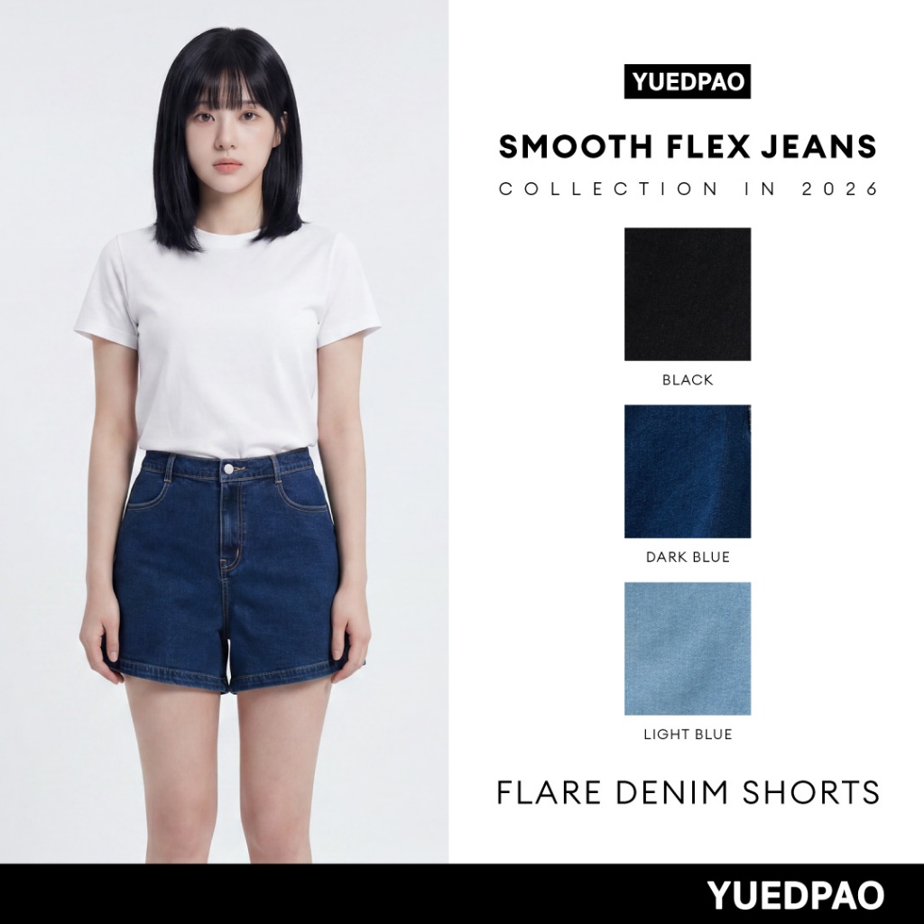 Yuedpao Smooth Flex Jeans (Flare Denim Shorts) กางเกงยีนส์ขาสั้นผู้หญิงทรงแฟลร์ ยีนส์ยืด ใส่สบาย กางเกงยีนส์ขาสั้น