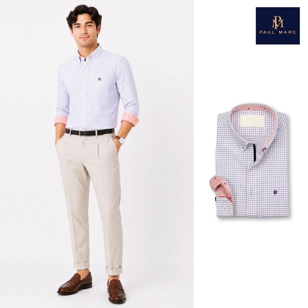 PAUL MARC เสื้อเชิ้ตแขนยาวลายสก็อต สีชมพูอ่อน 100%cotton slim fit ผ้านุ่ม รีดง่าย ยับยาก PPH5AE7C01C