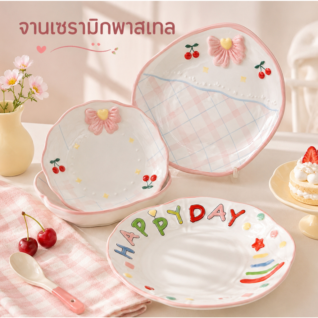 ชุดจานชามเซรามิกลายเชอร์รี่ โบว์ชมพู สไตล์เกาหลี จานข้าว จานกลม ชามสลัด ชามซุป จานเสิร์ฟอาหาร ชาม happy birth day