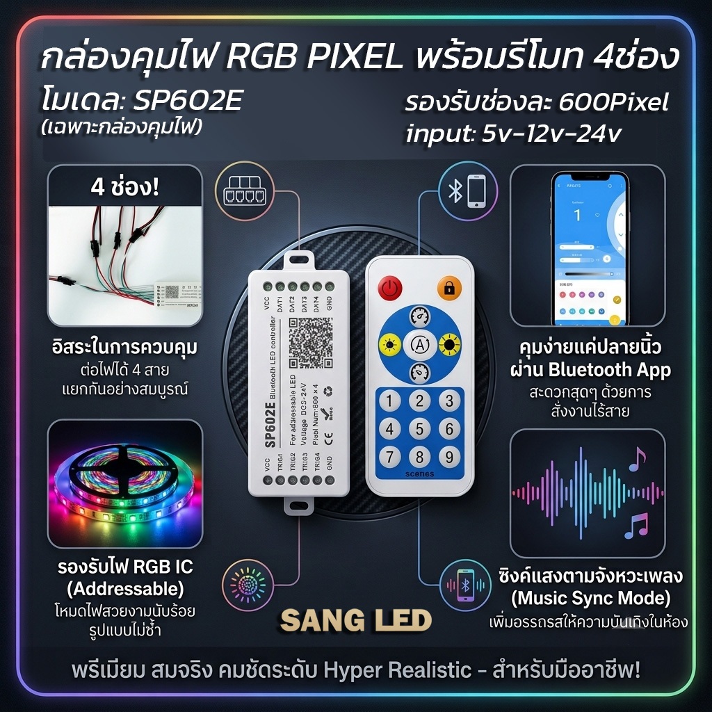 ตัวคุมไฟ RGB IC ( 4ช่อง ) รุ่น SP602E ไฟ RGB วิ่ง LED Controller คุมผ่านมือถือ / A164