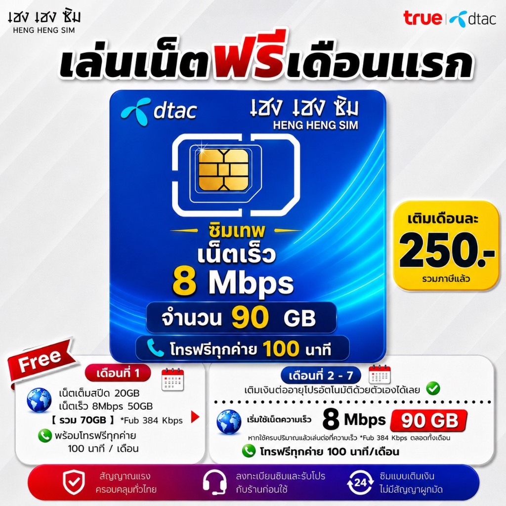 DTAC 5G ซิมเทพ ( เล่นฟรีเดือนแรก ) เน็ตความเร็ว 8 - 1000 Mbps ไม่ลดสปีด ไม่จำกัด+โทรฟรีทุกค่าย 24 ชม. [ ซิมแบบเติมเงิน ]