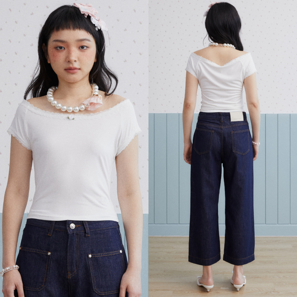 Bemingtop1263(S-4XL) - Trim Tee – เสื้อปาดไหล่แขนสั้นดีเทลแต่งลูกไม้และดอกกุหลาบที่อก รูปที่ 4