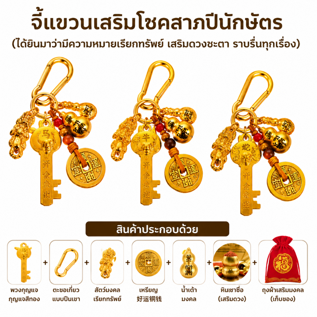 ม้า！พวงกุญแจเครื่องราง 12 นักษัตร ทองเหลืองมงคล เสริมโชคลาภ ป้องกันเคราะห์ แก้ชง เรียกทรัพย์