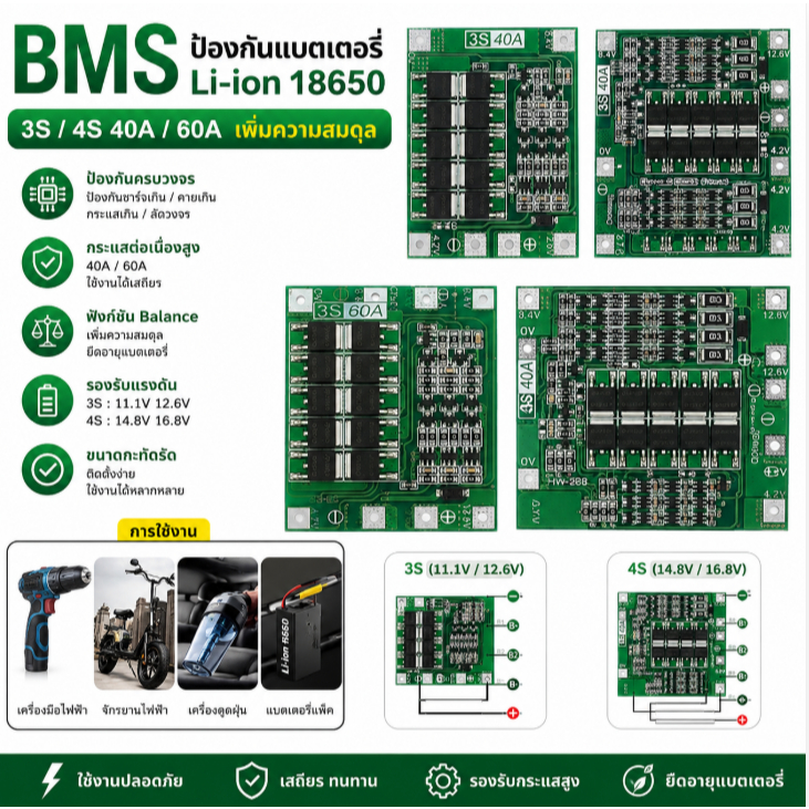 3S 4S 40A 60A ป้องกัน Li-ion 18650 BMS สำหรับมอเตอร์เจาะ11.1V 12.6V/14.8V 16.8V เพิ่มความสมดุล
