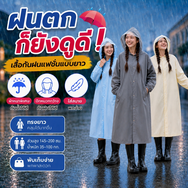 เสื้อกันฝน ผู้ใหญ่ สวมใส่ง่ายเรียบง่ายและมีสไตล์ ป้องกันฝนได้ดี เสื้อกันฝนแบบคลุมทั้งตัว ผู้ใหญ่แบบหนา มีให้เลือกหลายสี