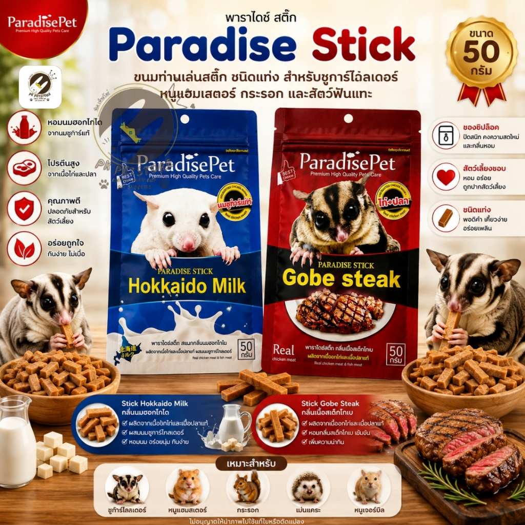 Paradise Stick ขนมท่านเล่นสติ๊ก ชนิดแท่ง สำหรับซูก้าร์ไรเดอร์ หนู กระรอกและสัตว์ฟันแทะ(ขนาด50กรัม)