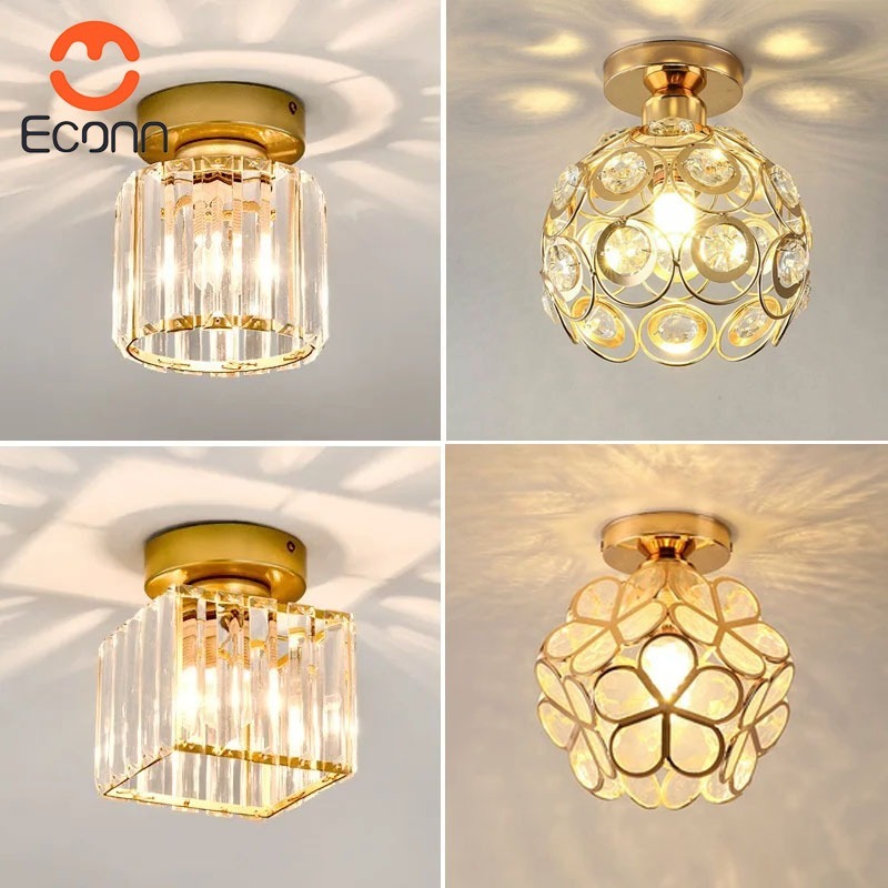 ECONN โคมไฟเพดานคริสตัลสมัยใหม่ สีทอง ติดตั้งง่าย ประหยัดพลังงาน ใช้หลอดไฟ E27 เหมาะสำหรับห้องนั่งเล่น ระเบียง
