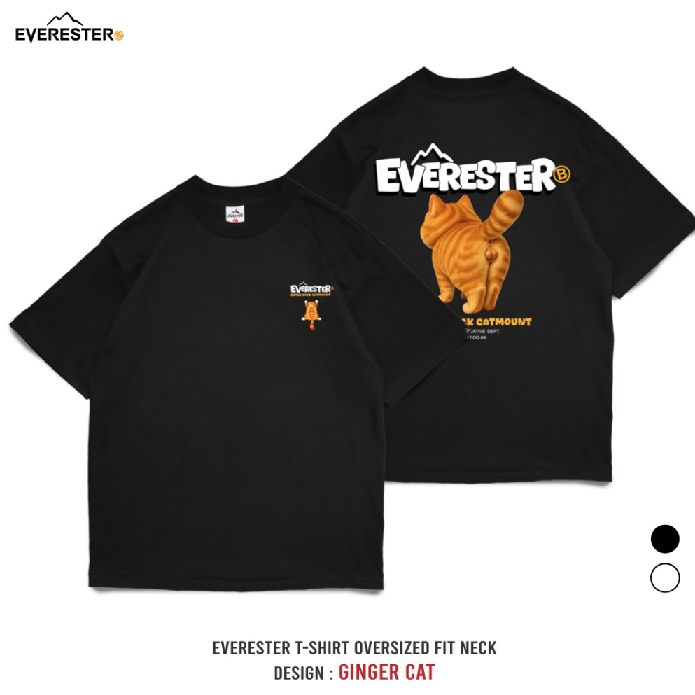 EVERESTER เสื้อยืด Oversized คอฟิต Heavy Cotton เสื้อผู้ชาย Ginger Cat ดำ ขาว EXP