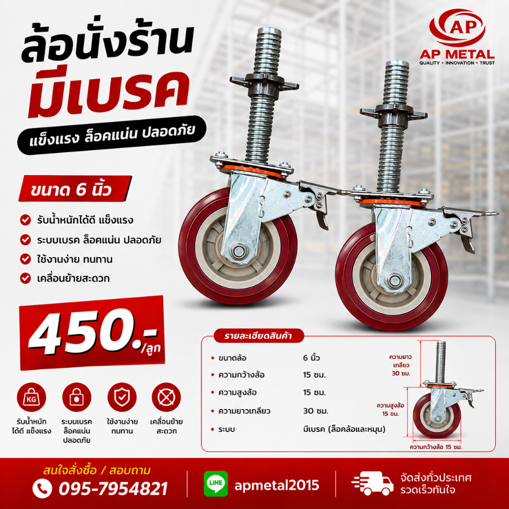 ล้อนั่งร้าน มีเบรค ปรับระดับได้ ขนาด 6 นิ้ว ล้อเหล็ก ลูกล้อนั่งร้าน อุปกรณ์เสริมนั่งร้าน