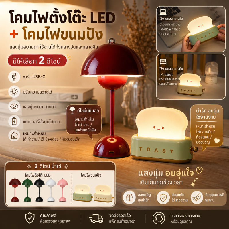 โคมไฟหัวเตียง โคมไฟตั้งโต๊ะ LED รูปขนมปัง ปรับความสว่างได้ ตั้งเวลาได้ ชาร์จใหม่ได้ ไฟตั้งโต๊ะ ชาร์จ USB โคมไฟตั้งโต