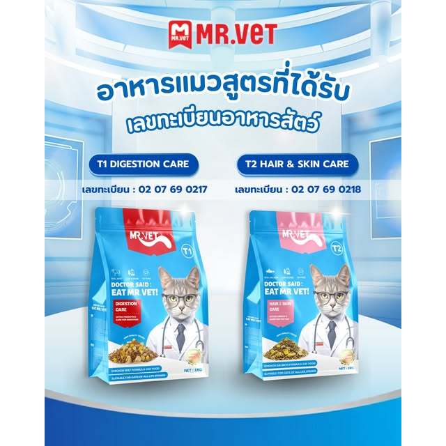 [ฟรีแมวเลีย 1 ห่อ] MR.VET มิสเตอร์เวท Holistic อาหารแมว ขนาด 1 kg สูตร T1และT2