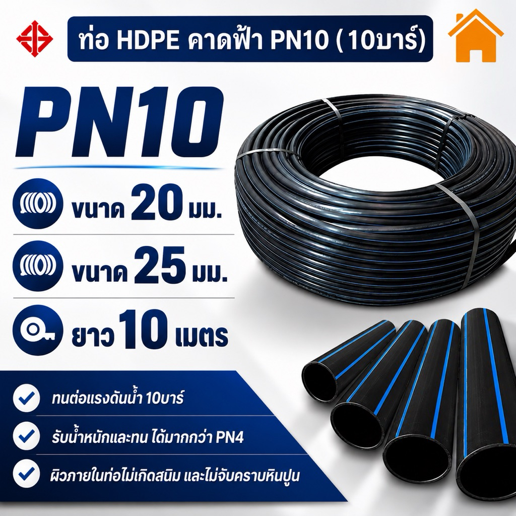 ท่อ HDPE คาดฟ้า PN10 /ขนาด 20-25มม./ยาว10ม. ( หนา 1.3-1.5 ) เหนียวทน 1ม้วน10เมตร