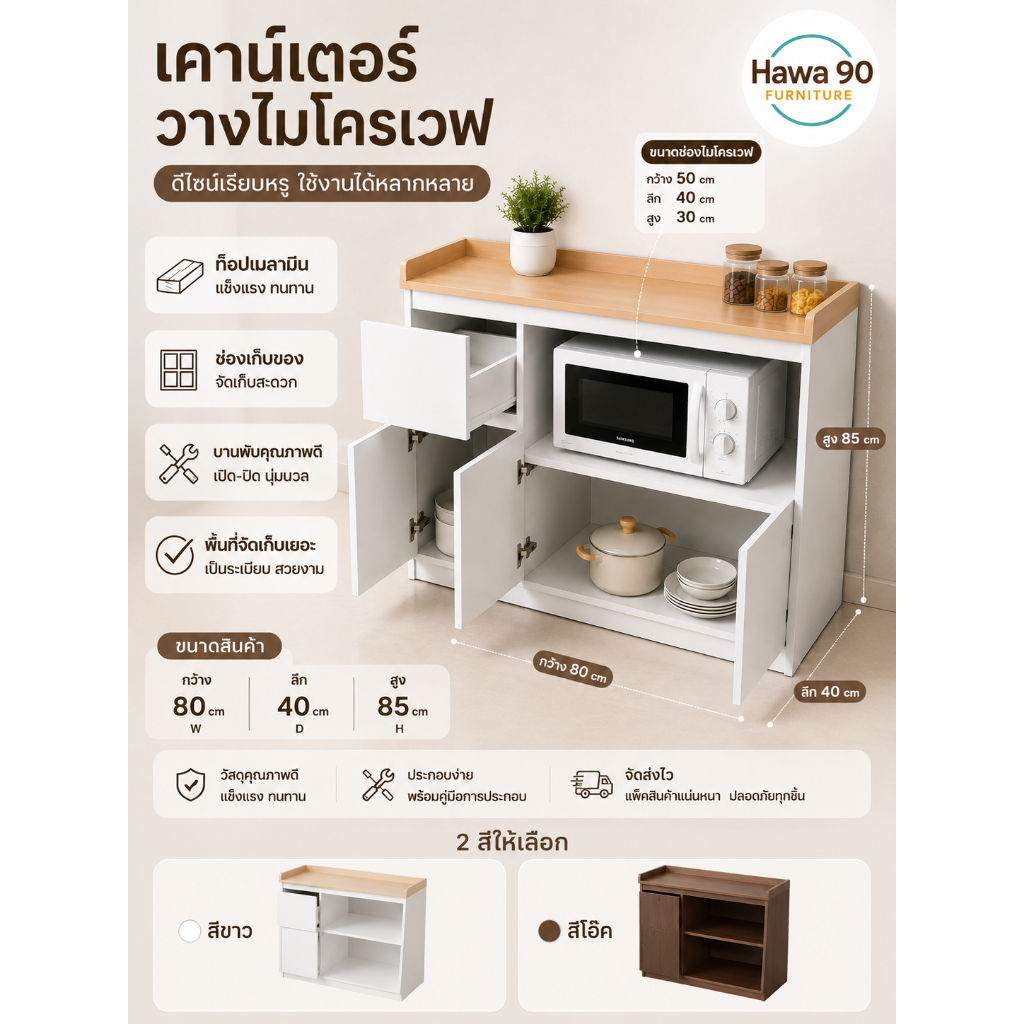 ราคาถูก Hawa 90 Furniture เคาน์เตอร์วางไมโครเวฟ รุ่น A2-ลิ้นชักซ้าย พร้อมกันตกขนาด 40*80*85(รวมกันตก)