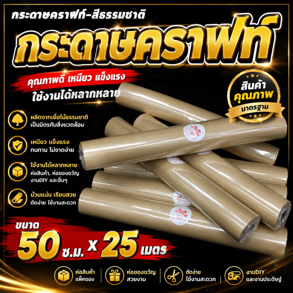 กระดาษคราฟท์ สีธรรมชาติ สีขาว 50 ซ.ม. x 25 เมตร (1 ม้วน) 80 แกรม ห่อช่อดอกไม้ วินเทจ DIY
