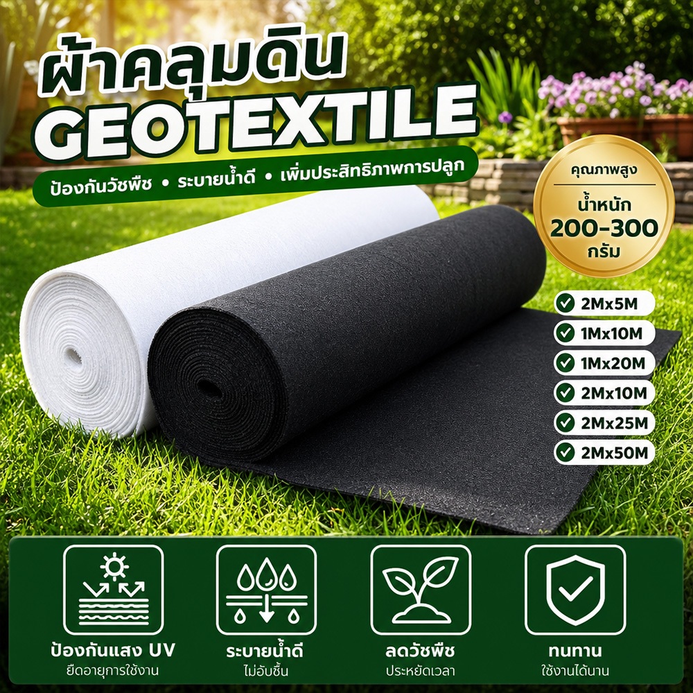แผ่นใยสังเคราะห์ Geotextile 200g/300g หน้ากว้าง 1-2 m ( ตัดขาย แบบเมตร ) แผ่นรองจัดสวนปู