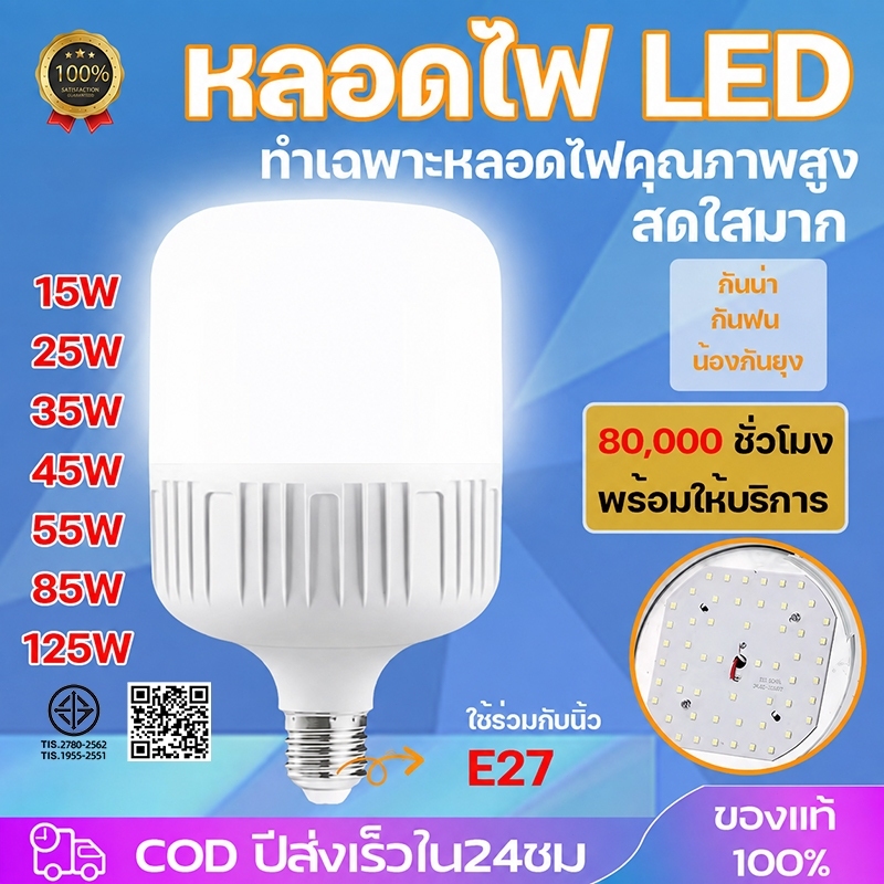 หลอดไฟLED ขั้วเกลียว E27 หลอดตั้ง สว่างมาก ประหยัดไฟ กันฝุ่นกันยุง มี15W 25W 35W 45W 55W 85W 125W ใช้บ้าน โกดัง โรงงาน