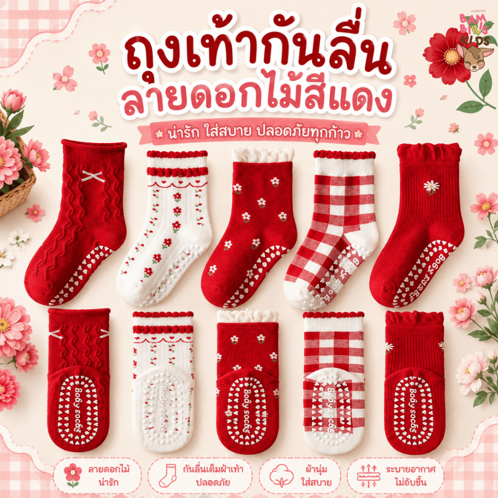 Bambilis : พร้อมส่ง ถุงเท้าเด็ก ถุงเท้าเด็กกันลื่น 1 แพคมี 5 คู่ ลายดอกไม้สีแดง
