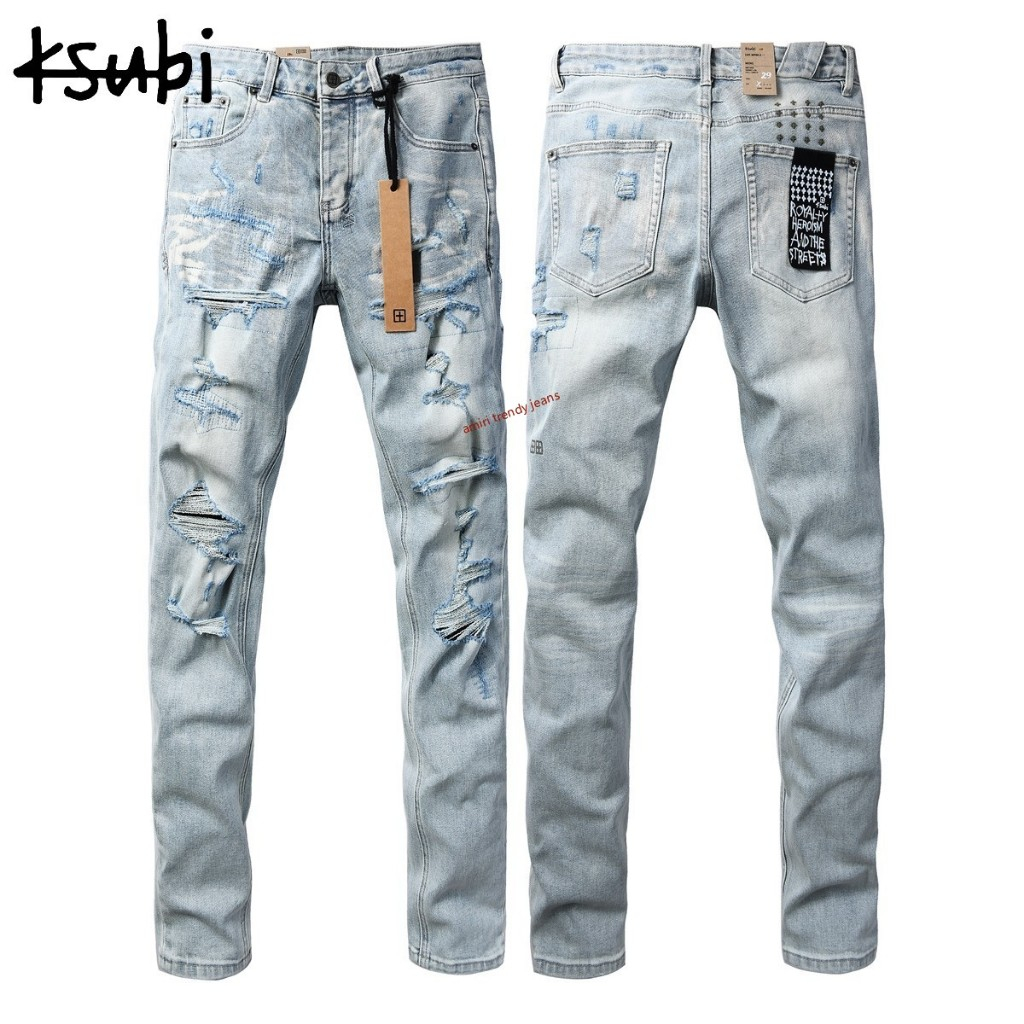 Ksubi กางเกงยีนส์สีอ่อนสำหรับผู้ชาย กางเกงยีนส์รัดรูปขาดๆ 3067