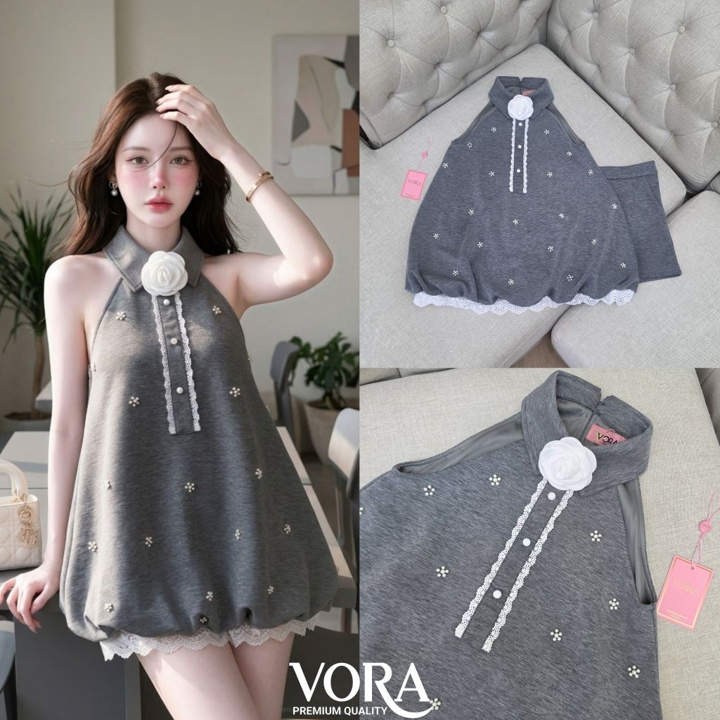 [VORA] เซ็ต 2 ชิ้น เสื้อคล้องคอและกางเกงขาสั้นดีไซน์คอปกประดับเข็มกลัดดอกไม้สีขาวสุดโดดเด่น