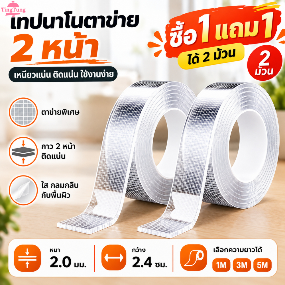 ซื้อ1แถม1 เทปนาโน มี1M/3M/5M เทปนาโนสองหน้าตาข่าย เหนียวแน่นสูง กันน้ำ ล้างน้ำใช้ซ้ำได้ ไม่ทิ้งคราบกาว ไม่ทำลายพื้นผิว