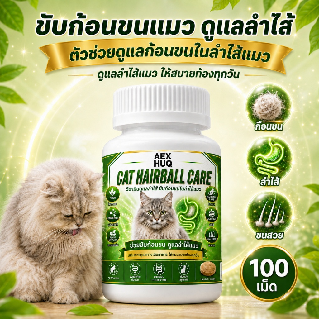 อาหารเสริมแมว ขับก้อนขน AEXHUQ ไฟเบอร์+โพรไบโอติก สารสกัดพืช 100 เม็ด