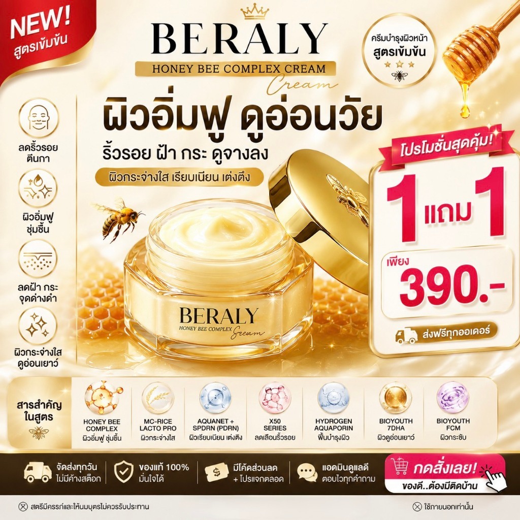 โปรคุ้ม [1 แถม 1] BERALY HONEY BEE COMPLEX ครีมนมผึ้ง ตัวช่วย ผิวอิ่มฟู ริ้วรอย ฝ้า กระดูจางลง