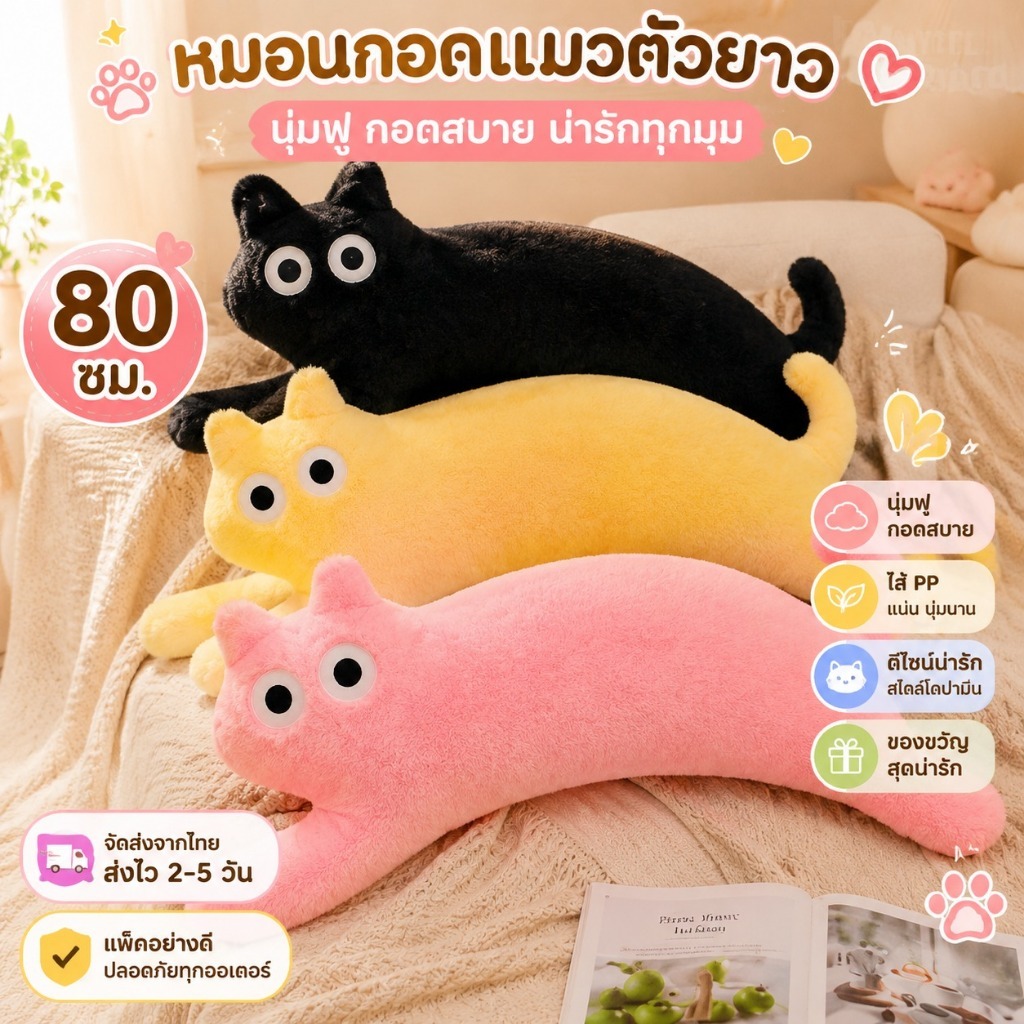 หมอนกอดแมวตัวยาว 80 ซม. นุ่มฟู น่ารัก เหมาะสำหรับเตียงและโซฟา