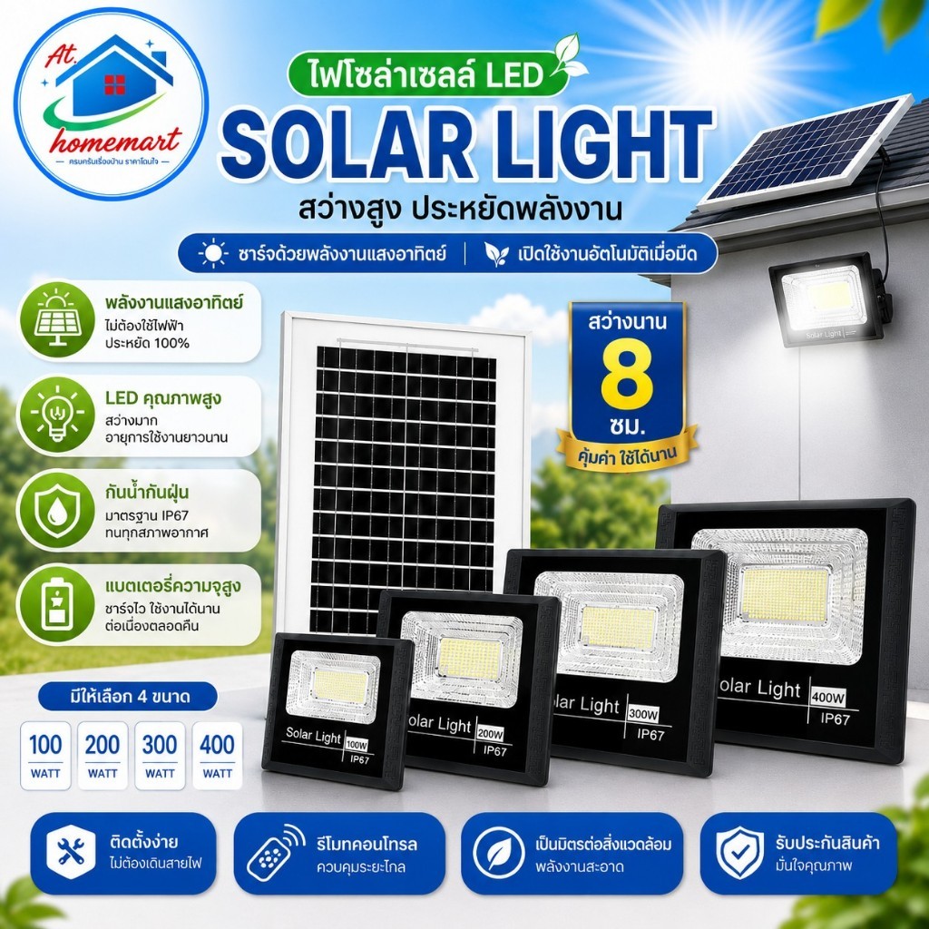AT.Homemart ไฟโซล่าเซลล์ LED 100W-400W Solar Light IP67 พร้อมแผงโซล่าเซลล์ รีโมท กันน้ำ ไฟส่องสว่างก