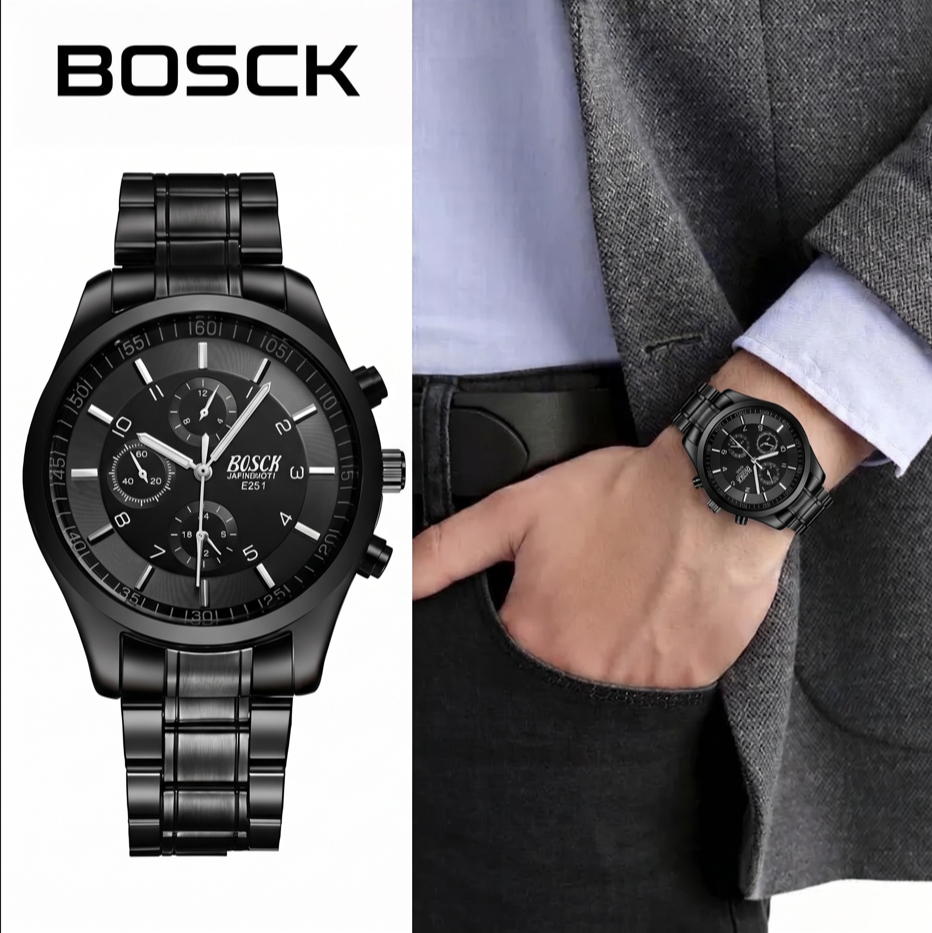 Bosck ดำ ดำ นาฬิกาข้อมือแฟชั่นผู้ชาย-ผู้หญิง สายสแตนเลสดำ หน้าปัดดำ กันน้ำได้ รุ่น Black/Black B011ก