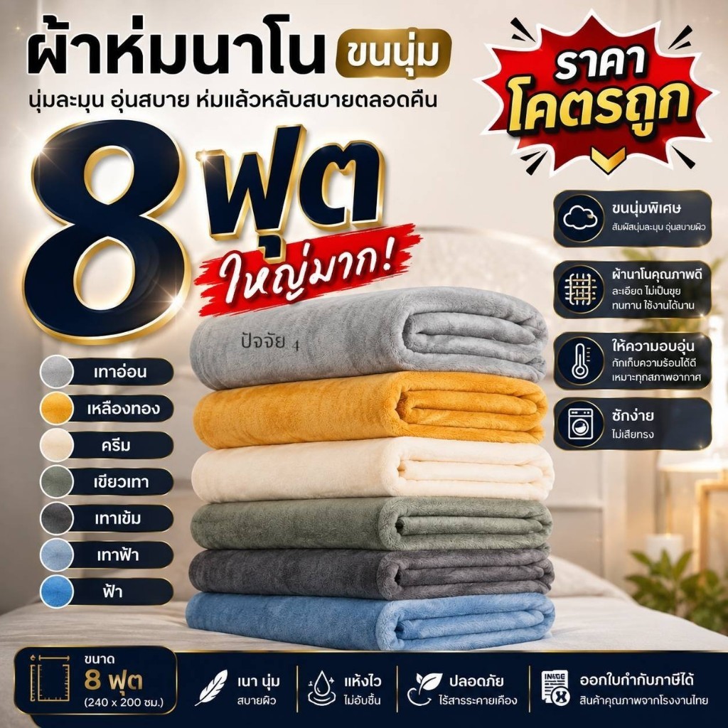 ผ้าห่มนาโนชิลล่า เนื้อผ้านุ่มลื่น น้ำหนักเบา ห่มสบาย ระบายอากาศ ขนาด 91×98 นิ้ว (8 ฟุต)