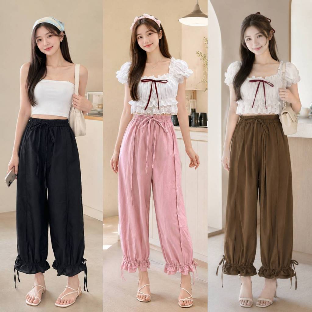 Mahahengcloset กางเกงขาจั๊ม ชายระบาย ตีเกล็ดหน้า ผ้าครัชสีพื้น ใส่สบาย สไตล์เกาหลี ลุคมินิมอล