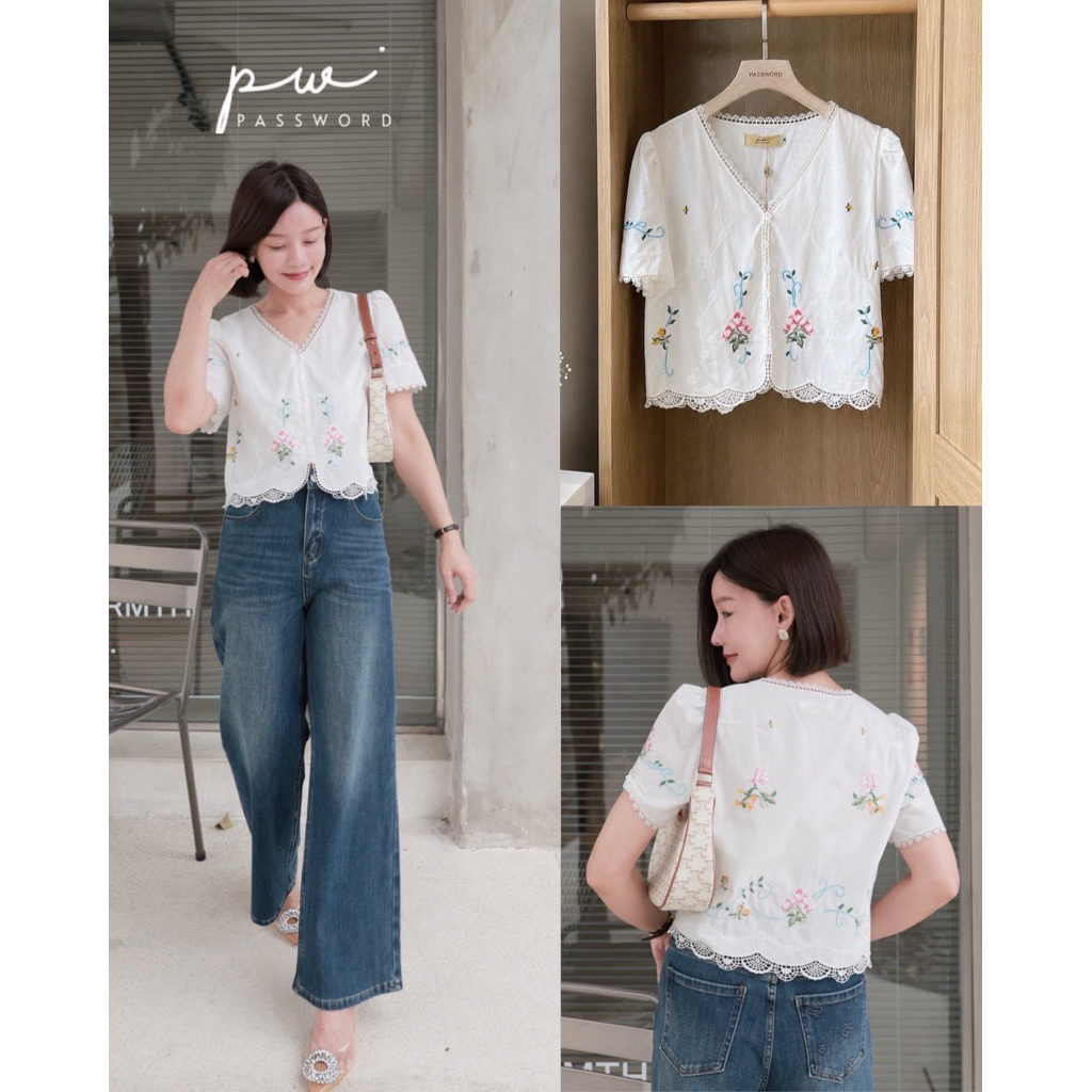 Password 0196 เสื้อลินินปักดอกไม้  งานปักหน้าหลัง