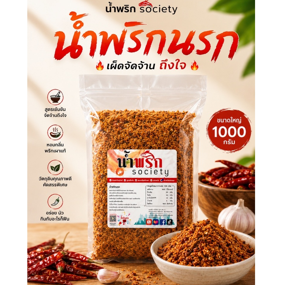 (1000กรัม)น้ำพริกนรกปลาสลิด น้ำพริกนรกกุ้ง น้ำพริกนรกแมงดา น้ำพริกนรกกะเหรี่ยง น้ำพริกนรกปลาย่าง by น้ำหริกSociety