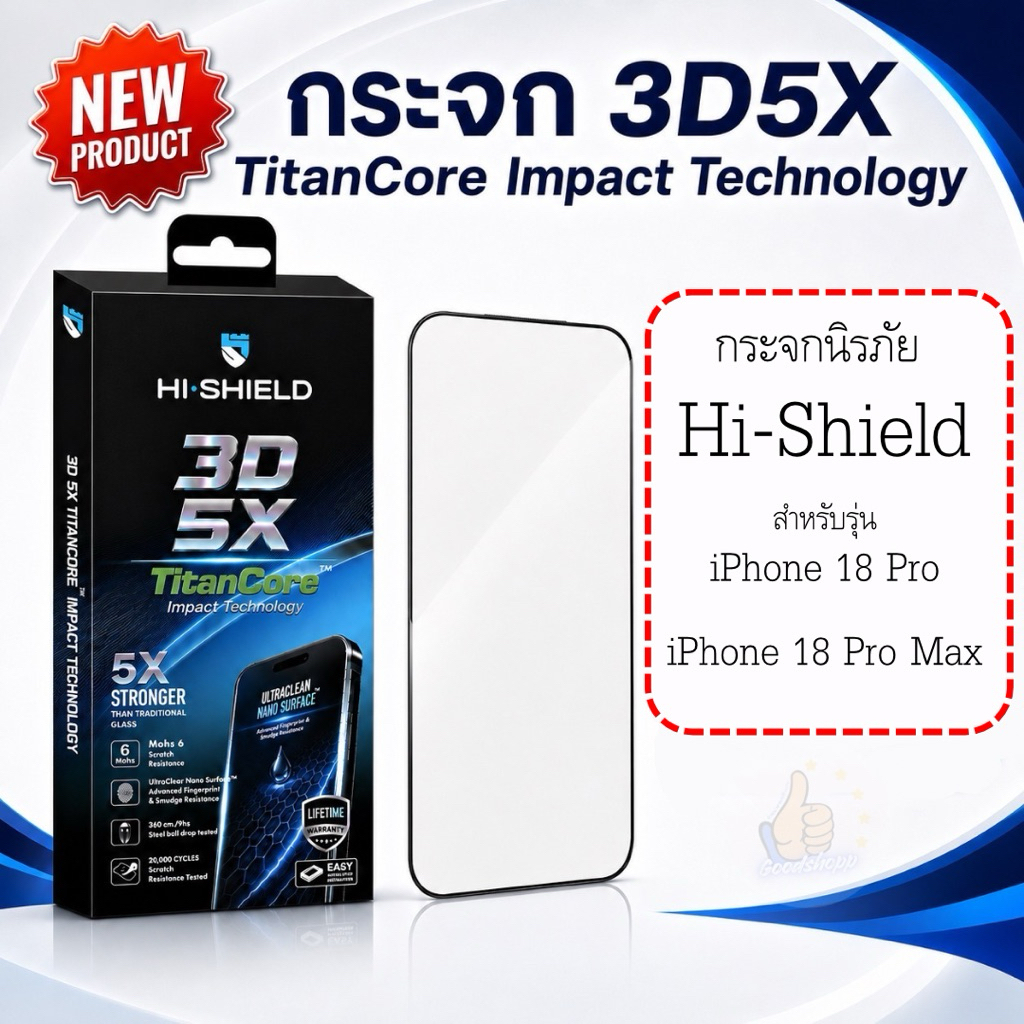 กระจกนิรภัยHI-SHIELD 3D 5X TitanCore Impact Technology สำหรับรุ่นiP18Pro,iP18ProMax รับประกันตลอดอาย