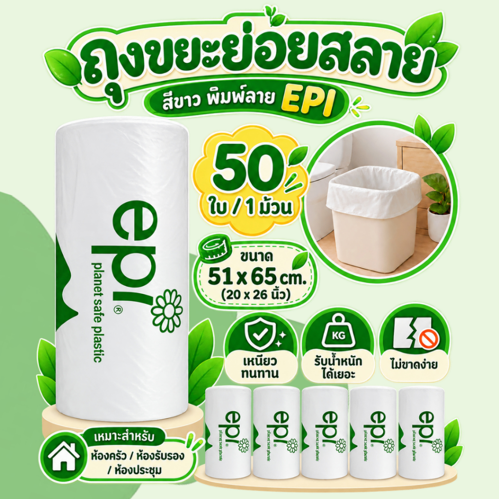 ถุงขยะย่อยสลาย 51x65 ซม. 50 ใบ/ม้วน เนื้อเหนียว ไม่มีกลิ่น ราคาต่อม้วน ตราช้างคู่