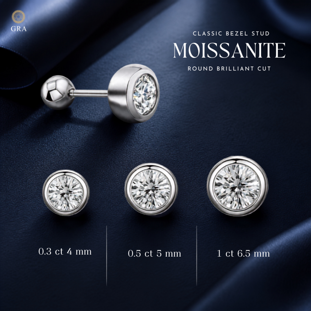DARIN ต่างหู Classic Bezel Stud เงินแท้เพชรโมซาไนท์ Moissanite