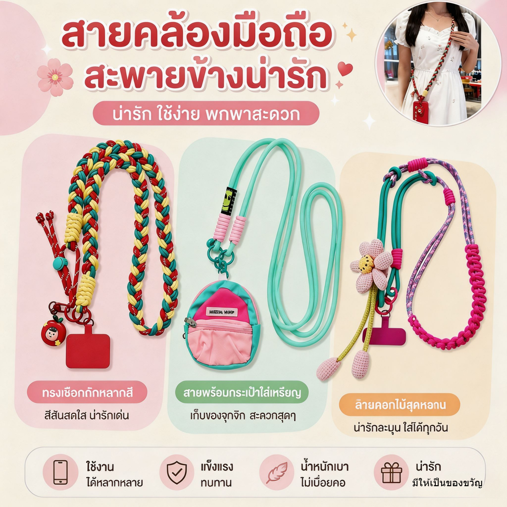 สายคล้องมือถือสะพายข้าง สายถักสีสันสดใส สำหรับมือถือทุกรุ่น พกพาสะดวก ไม่กลัวหล่น ป้องกันการสูญเสียออกจากประตู