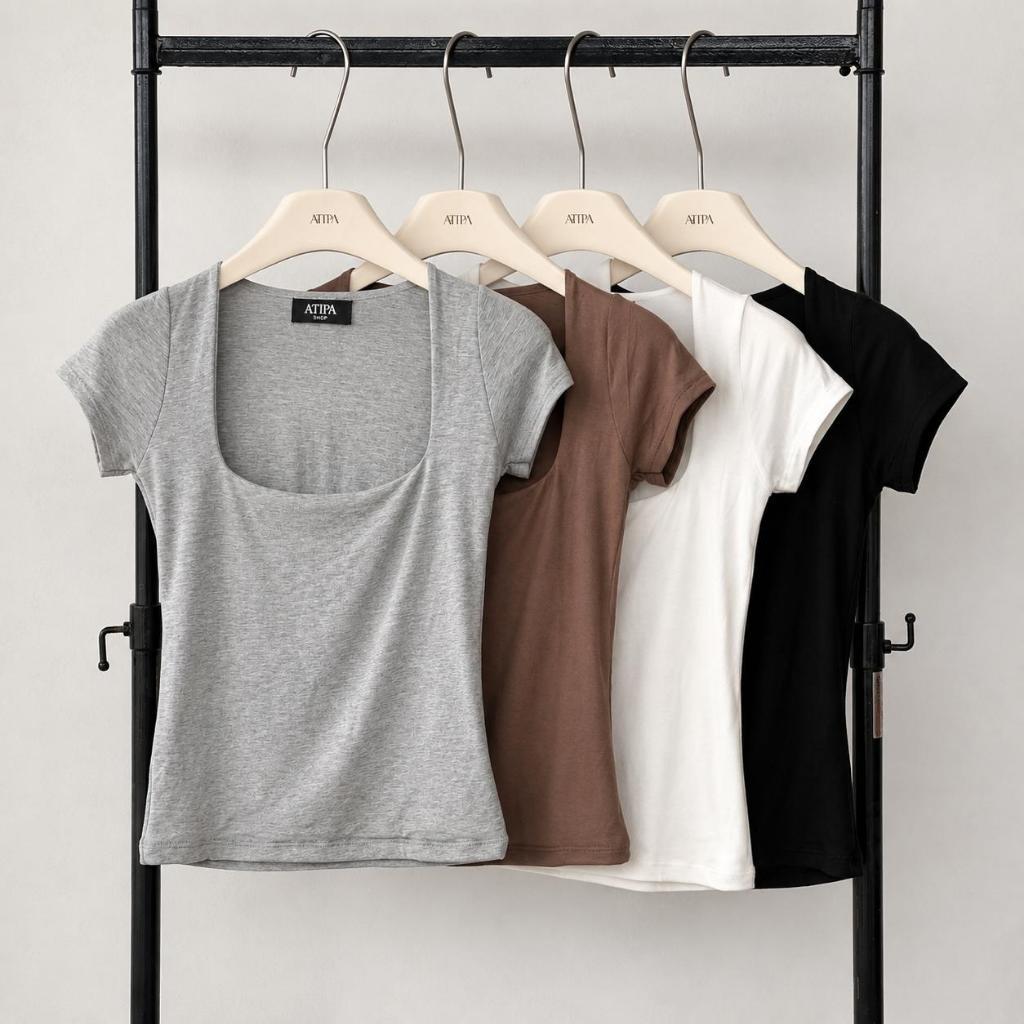 Atipashop - Mila Scoop Tee ATIPA เสื้อยืดแขนสั้น คอกว้างทรง U เข้ารูป ผ้าเรยอน
