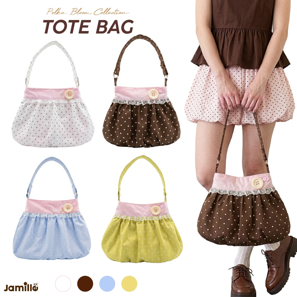 Jamille.kk Polka Bloom Tote Bag กระเป๋าผ้าสะพายไหล่ลายจุด ทรงบอลลูนแต่งลูกไม้