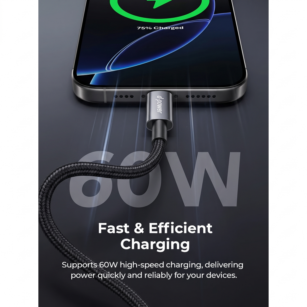 d-power สายชาร์จ Type-C to Type-C 60W รุ่น UB-88 ชิป Ai อัจฉริยะ สายถักไนลอน ทนทาน ยาว 2 เมตร