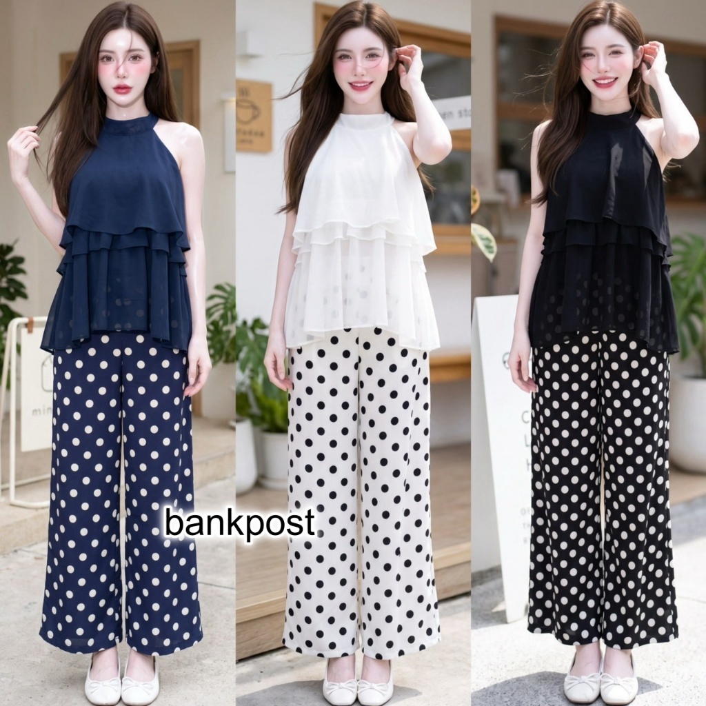 พร้อมส่ง ชุดเซตยาวแฟชั่น เสื้อผ้าชีฟองแขนกุดแต่งระบายชั้นๆกระดุมหลัง + กางเกงผ้าไหมอิตาลี(Polka Dot)เอวเรียบสม๊อคหลัง