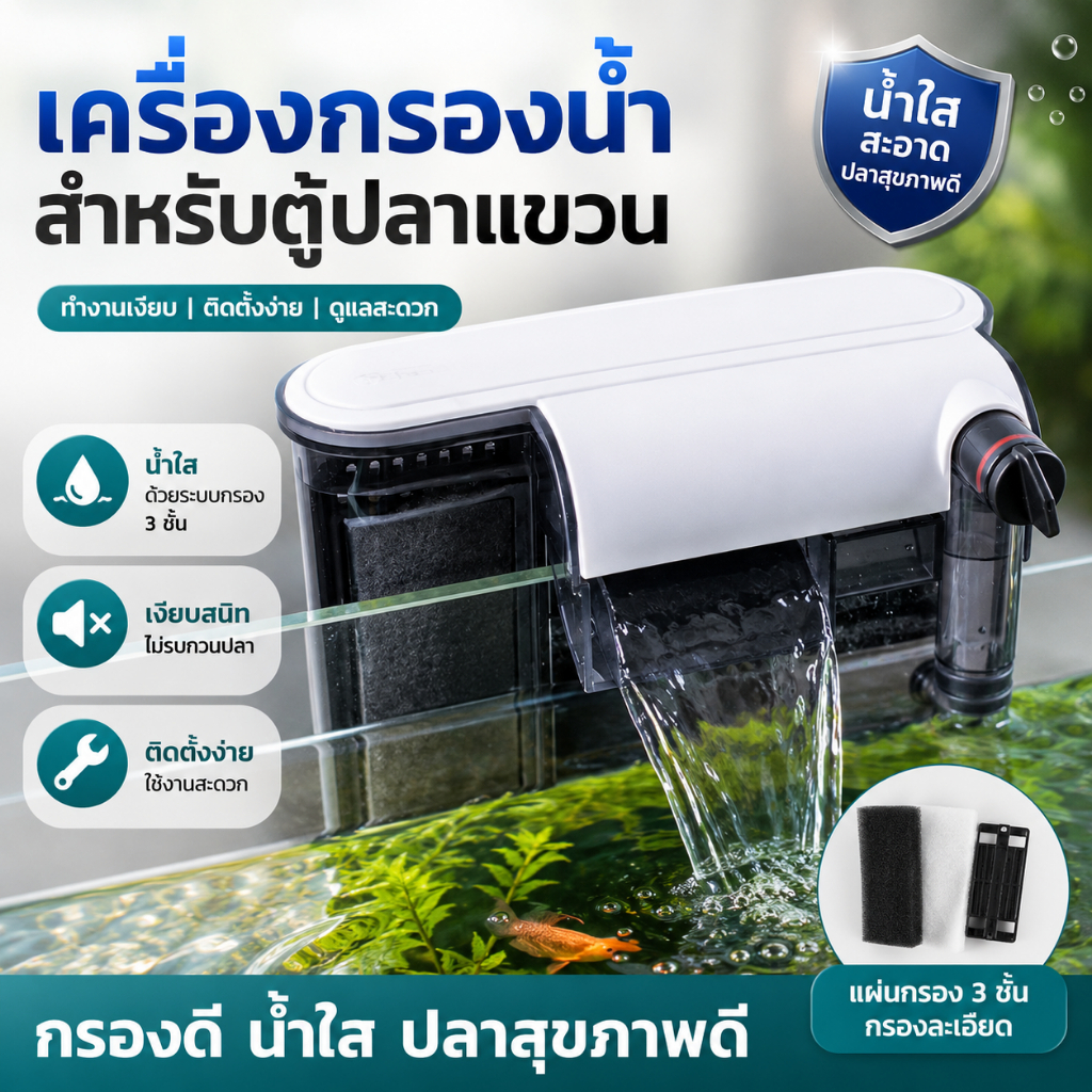 กรองแขวนตู้ปลา เครื่องกรองน้ำตู้ปลา 3 ชั้น น้ำใส ทำงานเงียบ น้ำไหลแรง ติดตั้งง่าย