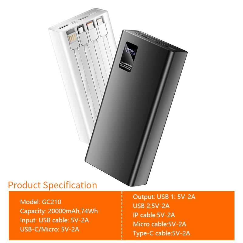 d-power GC210 Power Bank 20000mAh 4in1 LED Display Dual USB Output สายในตัวครบ