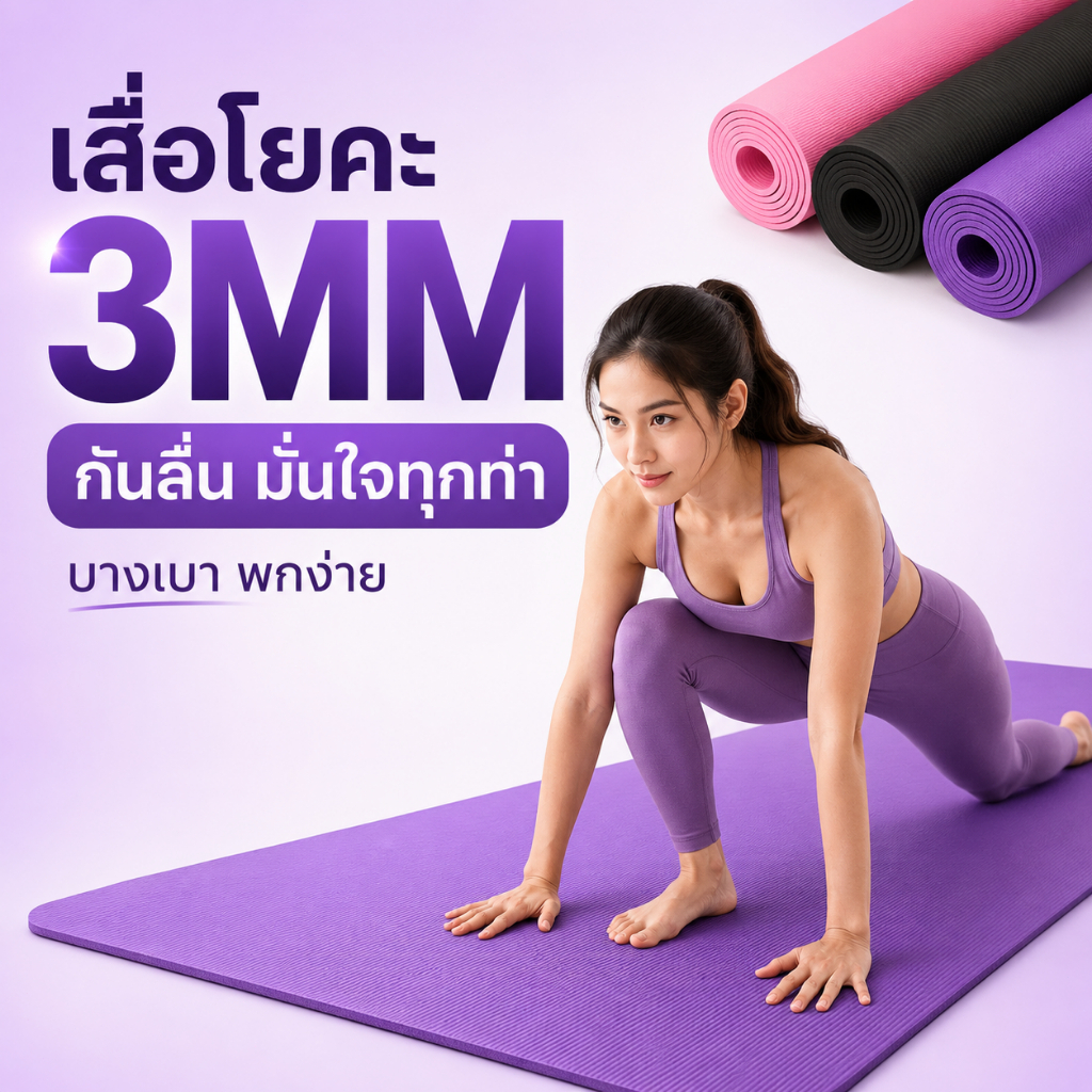 เสื่อโยคะ 3MM เสื่อออกกำลังกาย น้ำหนักเบา ม้วนเก็บง่าย พกพาสะดวก สำหรับโยคะ ฟิตเนส ออกกำลังกายที่บ้าน