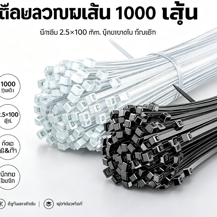 เคเบิ้ลไทร์ หนวดกุ้ง เกรด PA66 1,000 ตัว ถุงใหญ่ สายรัดไนล่อน ล็อคแน่น ทนทาน สำหรับรัดสายไฟ Cable Tie