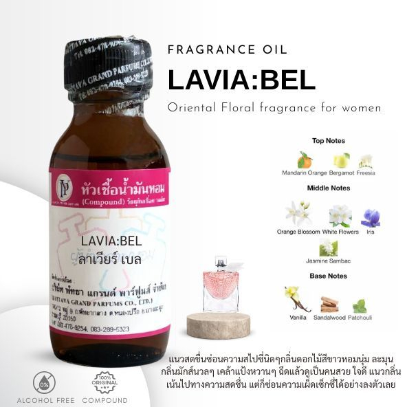 หัวเชื้อน้ำหอม กลิ่นLAVIA:BEL ลาเวียร์ เบล-ขนาด30ML[น้ำหอมที่แสดงความสุขในแง่มุมที่หลากหลายของผู้หญิงผ่านกลิ่นของดอกไม้]