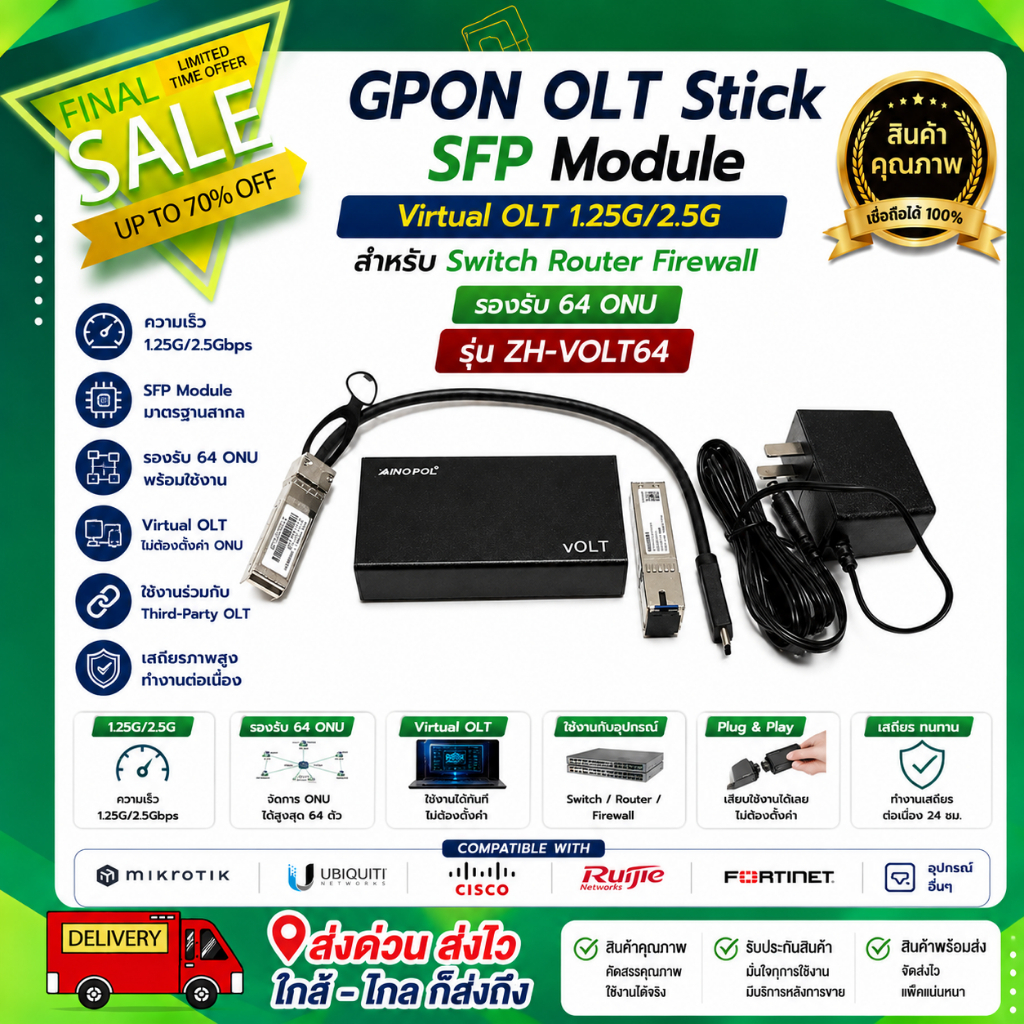 GPON OLT Stick SFP Module Virtual OLT 1.25G/2.5G สำหรับ Switch Router Firewall รองรับ 64 ONU รุ่น ZH