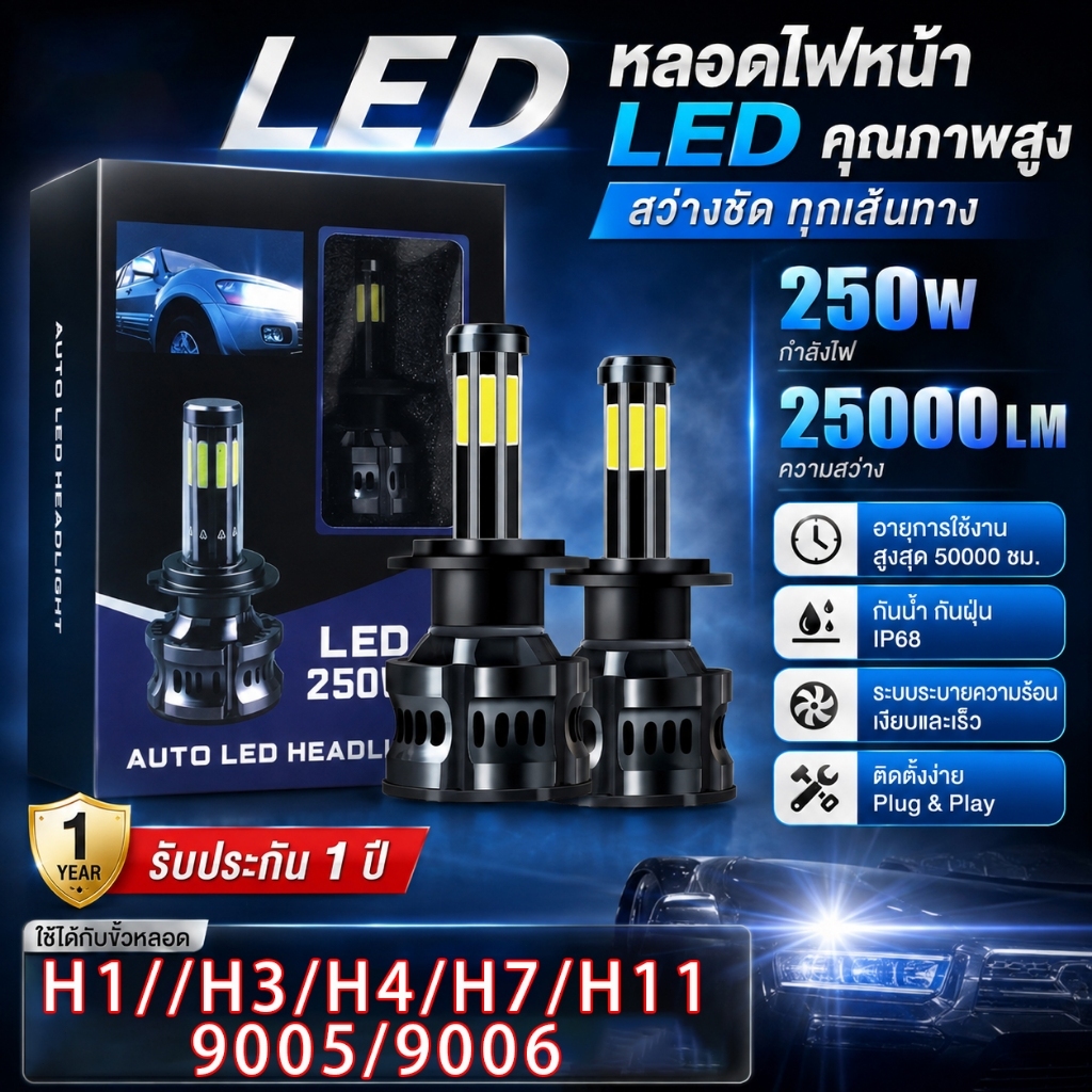 พร้อมส่ง Y8 Pro LED ไฟหน้ารถยนต์ 250W 25000LM 6000K อายุการใช้งานยาวนาน สว่างมาก ติดตั้งง่าย H1 H3 H